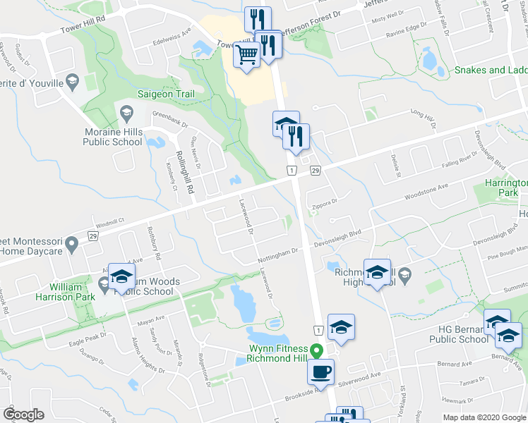 map of restaurants, bars, coffee shops, grocery stores, and more near 88 Royal Chapin Crescent in Richmond Hill