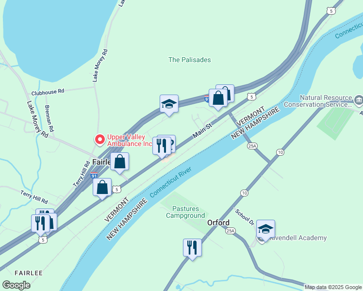 map of restaurants, bars, coffee shops, grocery stores, and more near 263 U.S. 5 in Fairlee