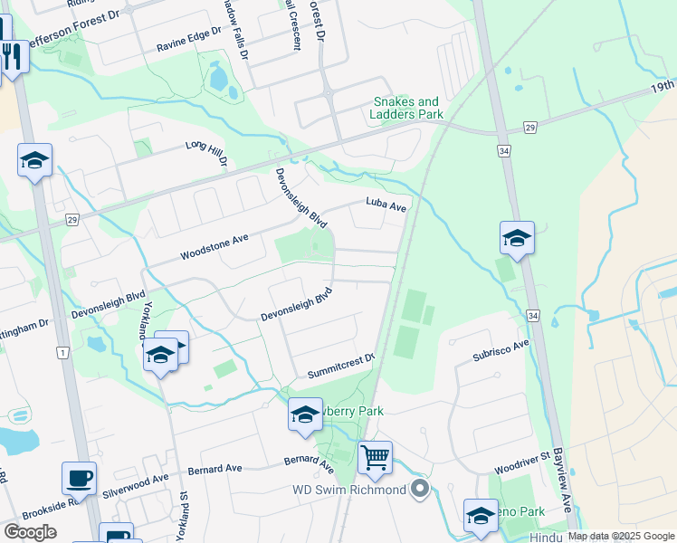 map of restaurants, bars, coffee shops, grocery stores, and more near 4 Swan Court in Richmond Hill
