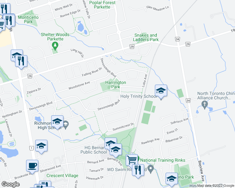 map of restaurants, bars, coffee shops, grocery stores, and more near 4 Swan Court in Richmond Hill