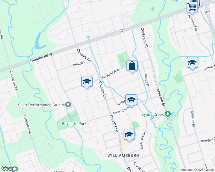 map of restaurants, bars, coffee shops, grocery stores, and more near 137 Lafayette Boulevard in Whitby