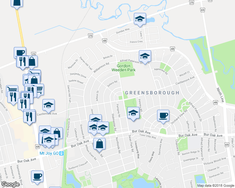 map of restaurants, bars, coffee shops, grocery stores, and more near 15 Charing Cross Lane in Markham