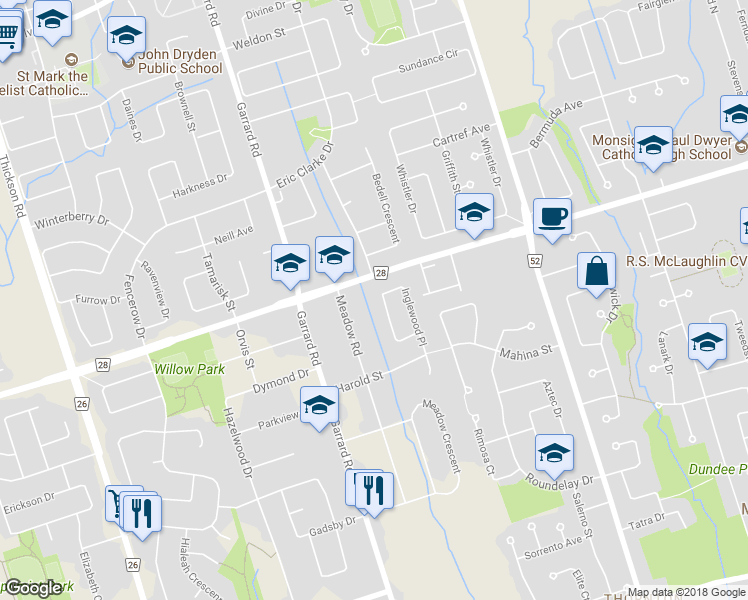 map of restaurants, bars, coffee shops, grocery stores, and more near 51 Inglewood Place in Whitby