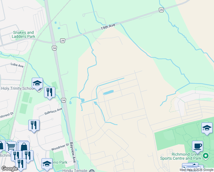 map of restaurants, bars, coffee shops, grocery stores, and more near 58 Current Drive in Richmond Hill