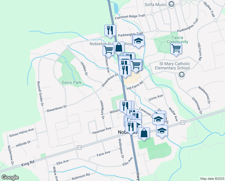 map of restaurants, bars, coffee shops, grocery stores, and more near 23 Chamberlain Court in Nobleton