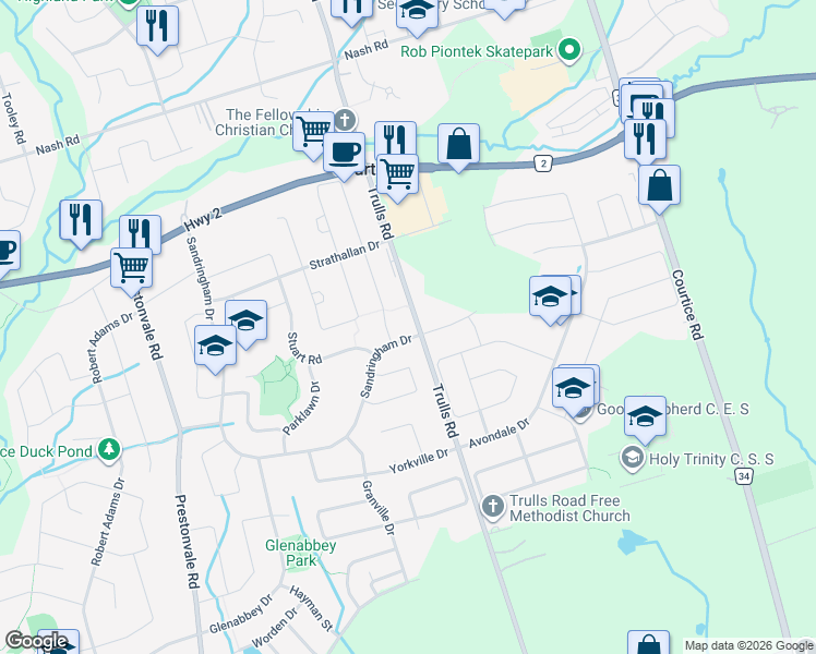 map of restaurants, bars, coffee shops, grocery stores, and more near 9 Bushford Street in Courtice