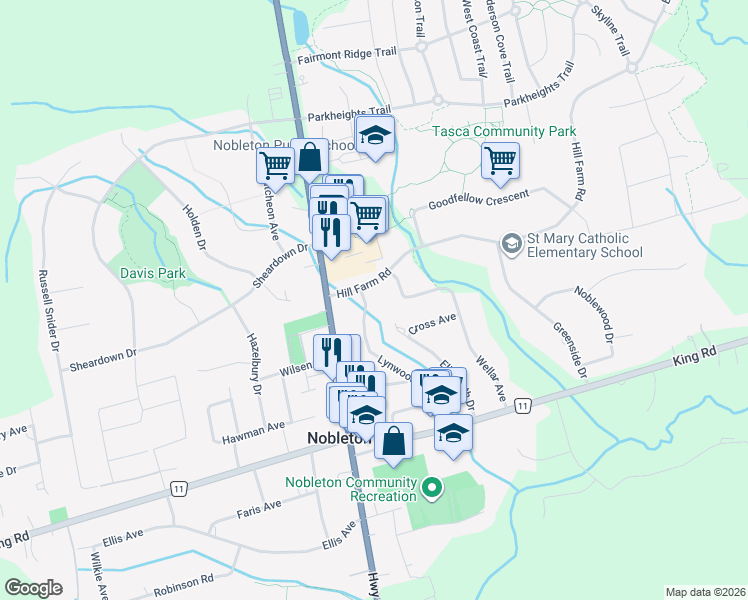 map of restaurants, bars, coffee shops, grocery stores, and more near 133 Lynwood Crescent in Nobleton