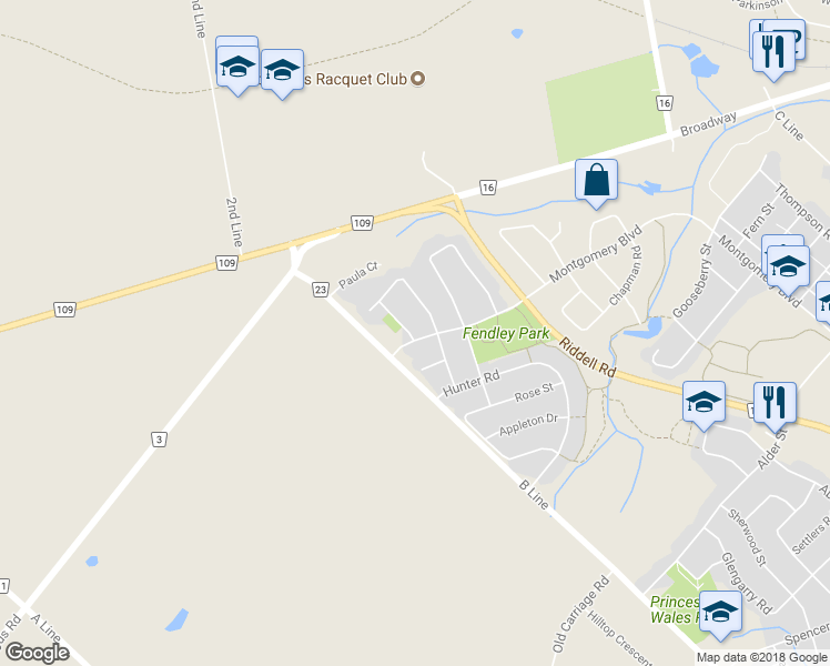 map of restaurants, bars, coffee shops, grocery stores, and more near 315 Montgomery Boulevard in Orangeville