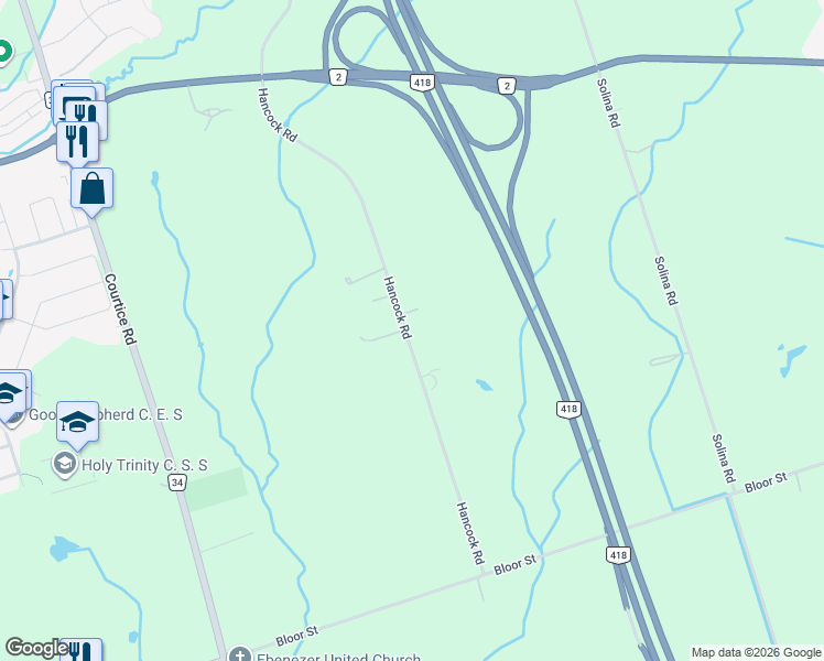 map of restaurants, bars, coffee shops, grocery stores, and more near 2356 Hancock Road in Courtice