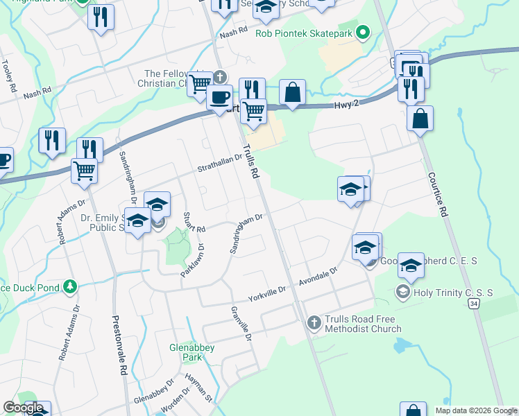 map of restaurants, bars, coffee shops, grocery stores, and more near 2592 Trulls Road in Courtice