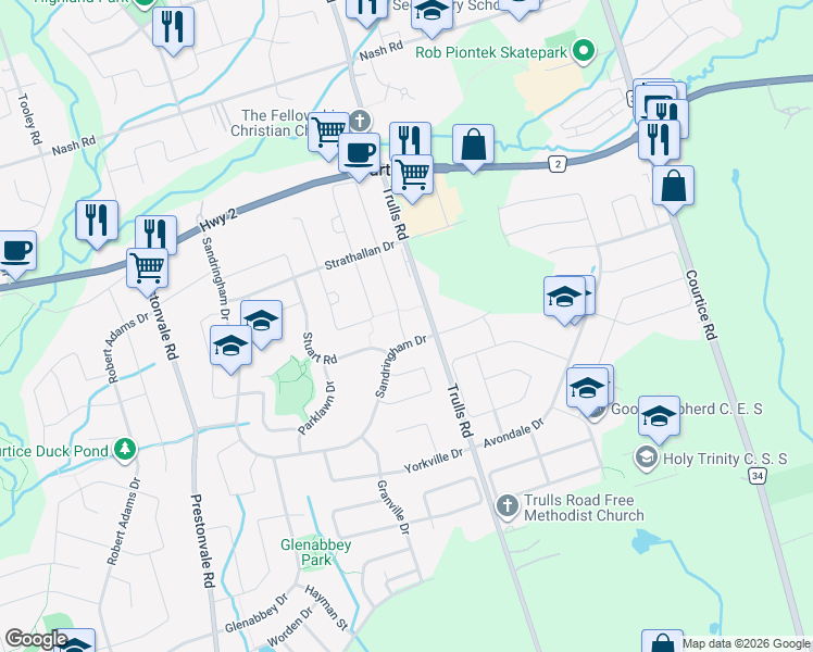 map of restaurants, bars, coffee shops, grocery stores, and more near 9 Bushford Street in Courtice