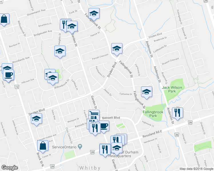 map of restaurants, bars, coffee shops, grocery stores, and more near 5 Catherine Drive in Whitby