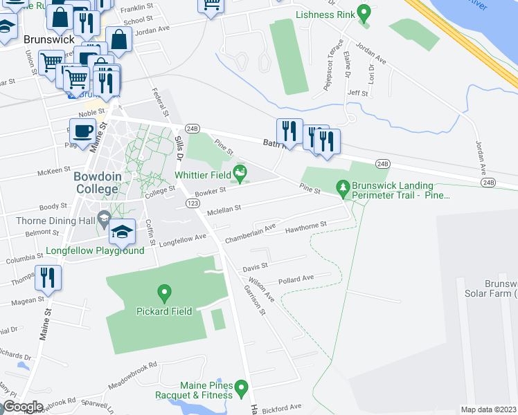 map of restaurants, bars, coffee shops, grocery stores, and more near 26 Mclellan Street in Brunswick