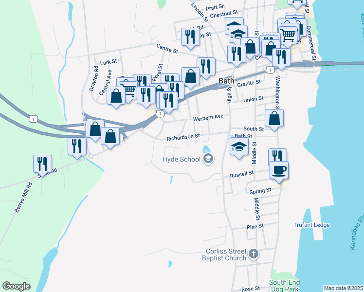 map of restaurants, bars, coffee shops, grocery stores, and more near 3 Pine Hill Drive in Bath
