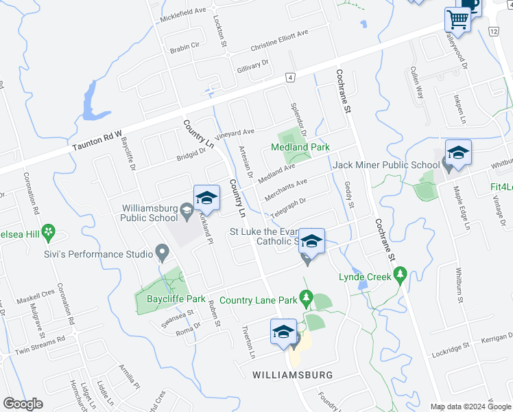 map of restaurants, bars, coffee shops, grocery stores, and more near 137 Lafayette Boulevard in Whitby