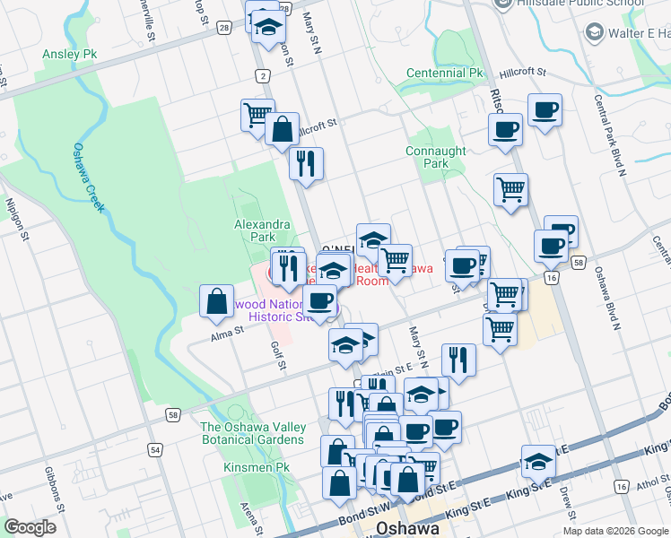 map of restaurants, bars, coffee shops, grocery stores, and more near 337 Simcoe Street North in Oshawa