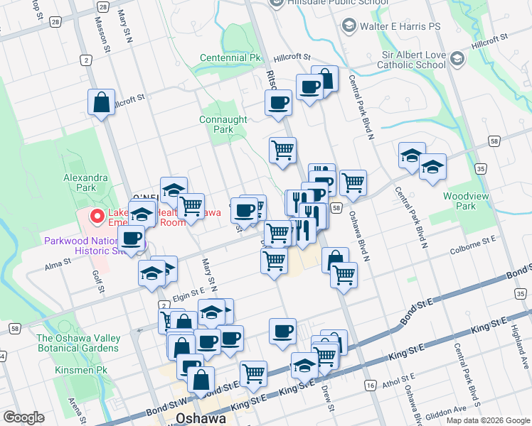 map of restaurants, bars, coffee shops, grocery stores, and more near 276 French Street in Oshawa