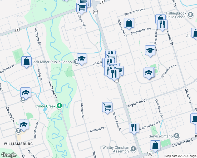 map of restaurants, bars, coffee shops, grocery stores, and more near 35 Vintage Drive in Whitby