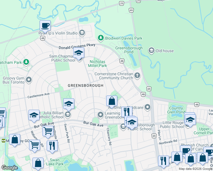 map of restaurants, bars, coffee shops, grocery stores, and more near 23 Appleview Road in Markham