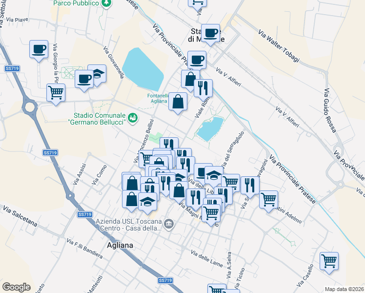 map of restaurants, bars, coffee shops, grocery stores, and more near 104 Via Roma in Agliana