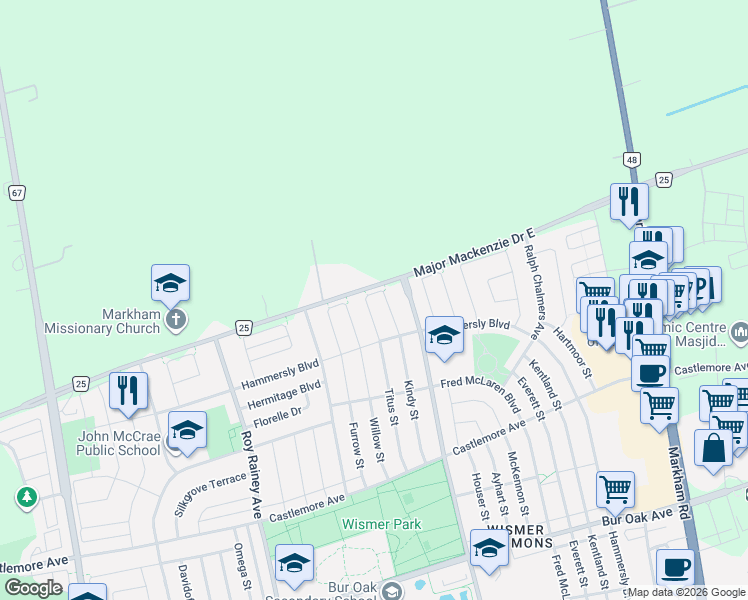 map of restaurants, bars, coffee shops, grocery stores, and more near 39 Collier Crescent in Markham