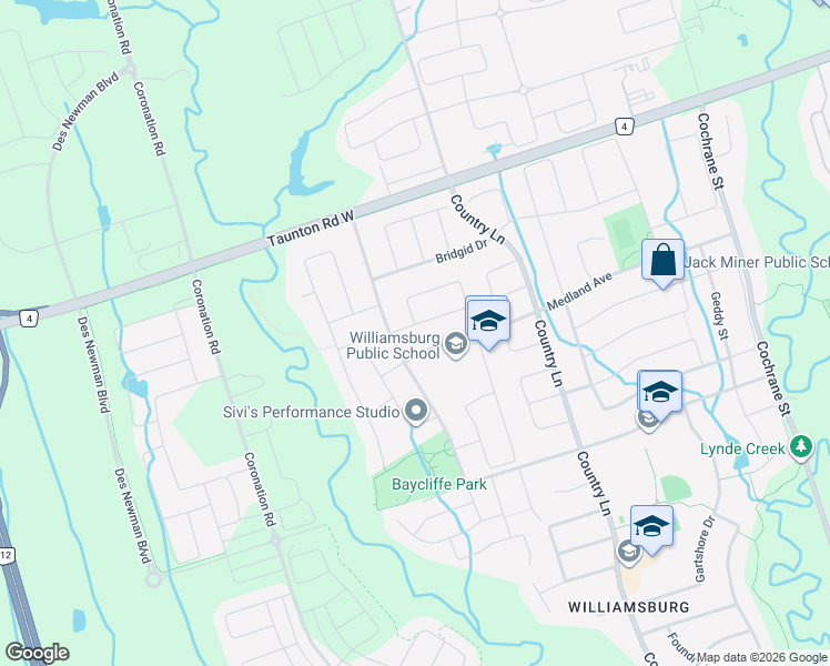 map of restaurants, bars, coffee shops, grocery stores, and more near 15 Brownridge Place in Whitby