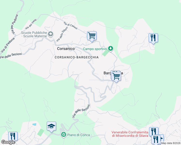 map of restaurants, bars, coffee shops, grocery stores, and more near 4503D Via delle Sezioni in Corsanico