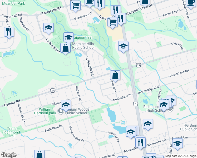 map of restaurants, bars, coffee shops, grocery stores, and more near 48 Mack Clement Lane in Richmond Hill