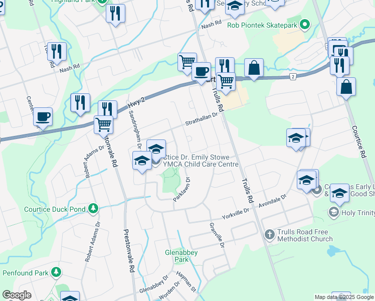 map of restaurants, bars, coffee shops, grocery stores, and more near 109 Poolton Crescent in Courtice