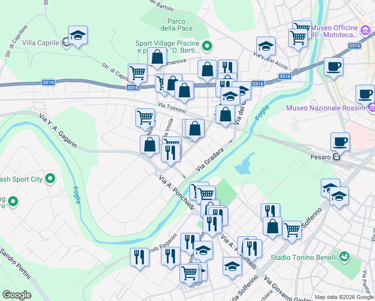 map of restaurants, bars, coffee shops, grocery stores, and more near 75 Via Milano in Pesaro