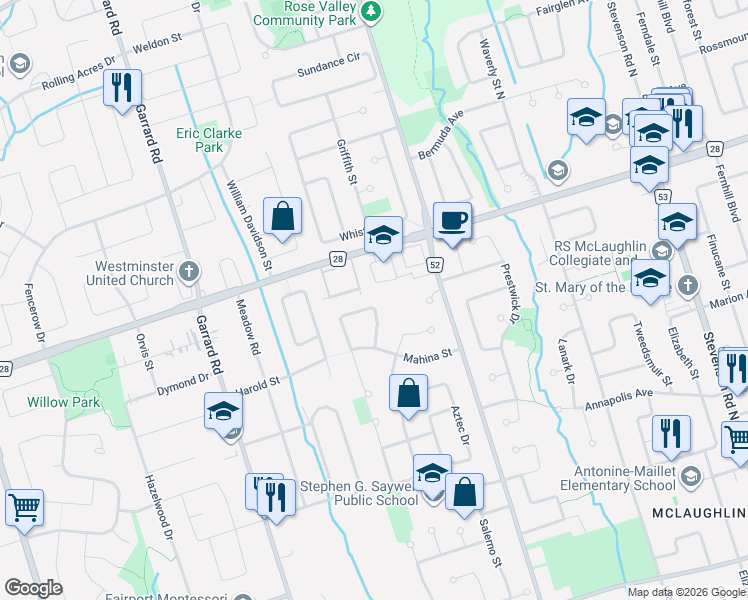 map of restaurants, bars, coffee shops, grocery stores, and more near 658 Crimson Crescent in Oshawa