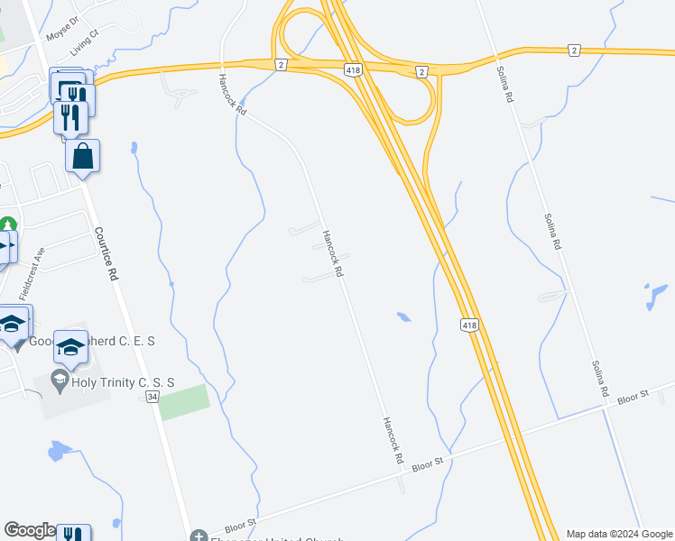 map of restaurants, bars, coffee shops, grocery stores, and more near 2356 Hancock Road in Courtice