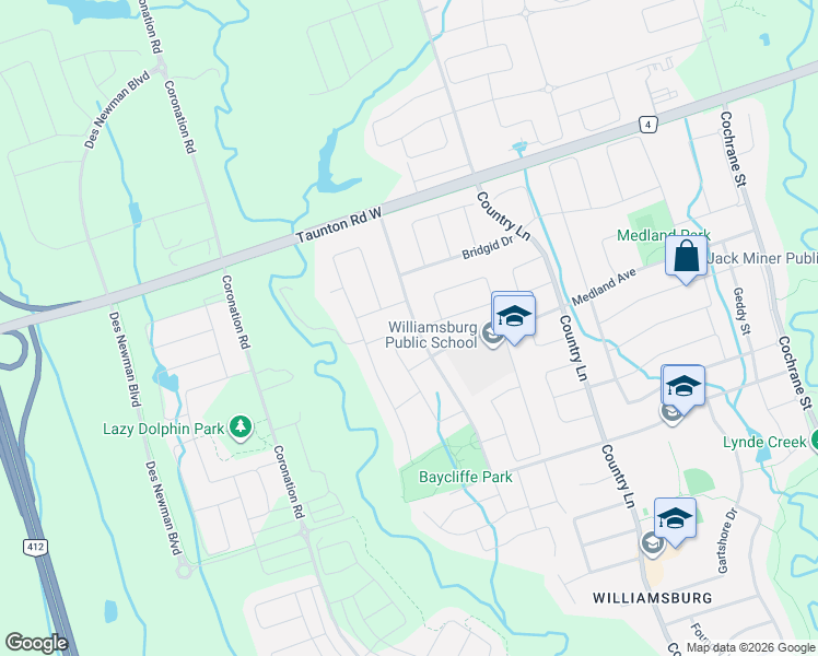map of restaurants, bars, coffee shops, grocery stores, and more near 88 Baycliffe Drive in Whitby