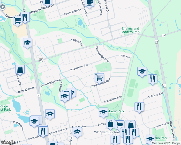 map of restaurants, bars, coffee shops, grocery stores, and more near 34 Florentine Crescent in Richmond Hill