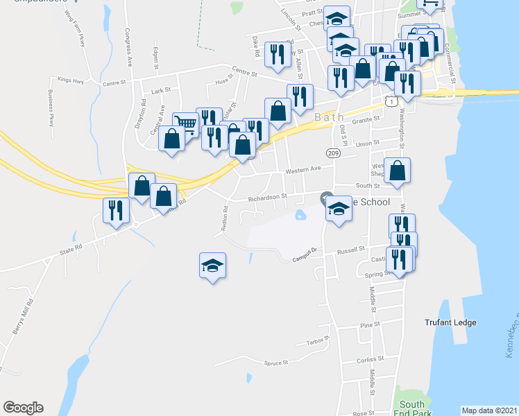 map of restaurants, bars, coffee shops, grocery stores, and more near 3 Pine Hill Drive in Bath