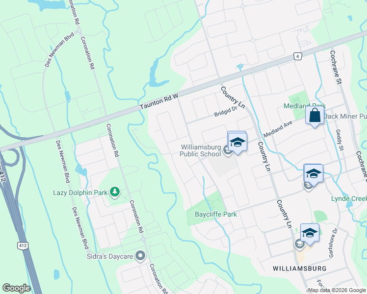 map of restaurants, bars, coffee shops, grocery stores, and more near 45 Ball Crescent in Whitby