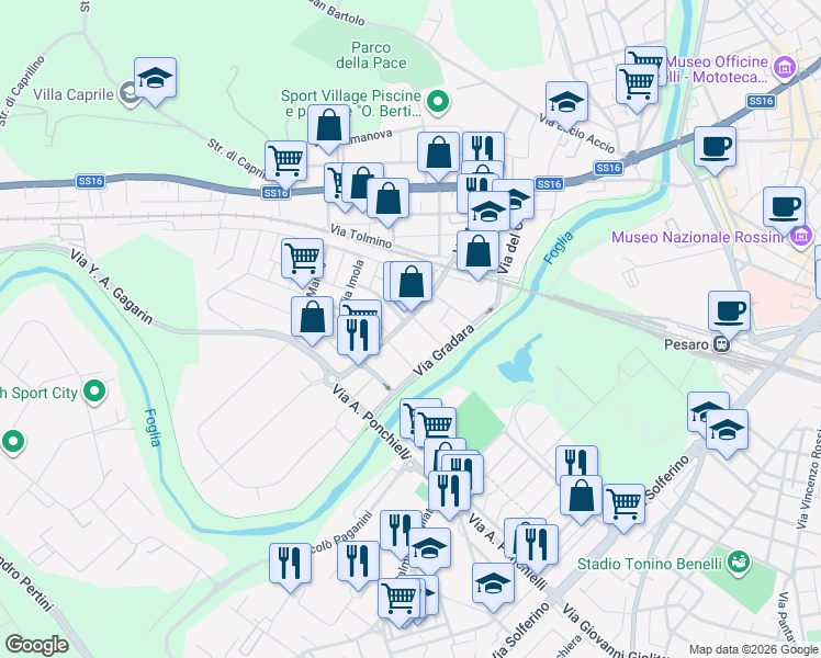 map of restaurants, bars, coffee shops, grocery stores, and more near 75 Via Milano in Pesaro