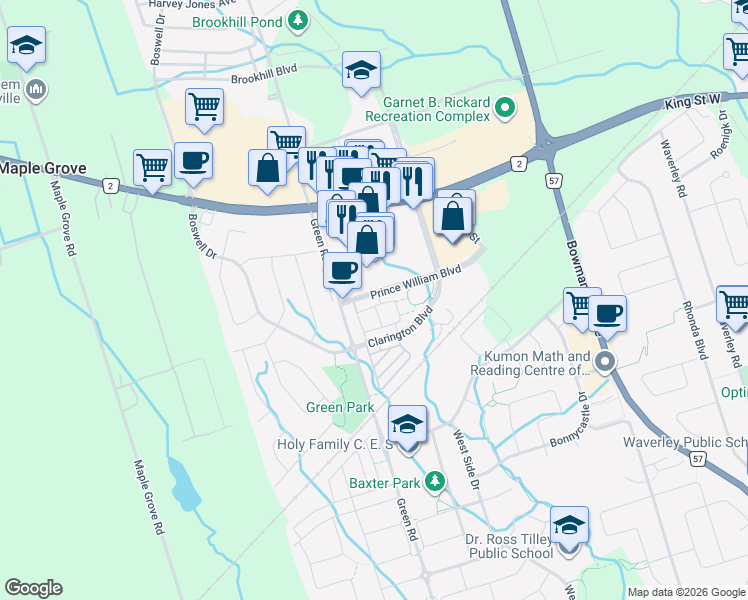 map of restaurants, bars, coffee shops, grocery stores, and more near 23 Prince William Boulevard in Bowmanville