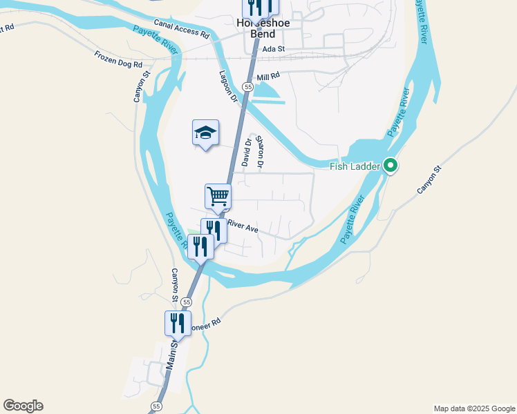 map of restaurants, bars, coffee shops, grocery stores, and more near 115 Adams Street in Horseshoe Bend