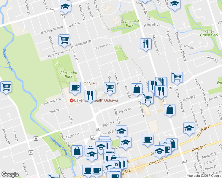 map of restaurants, bars, coffee shops, grocery stores, and more near in Oshawa