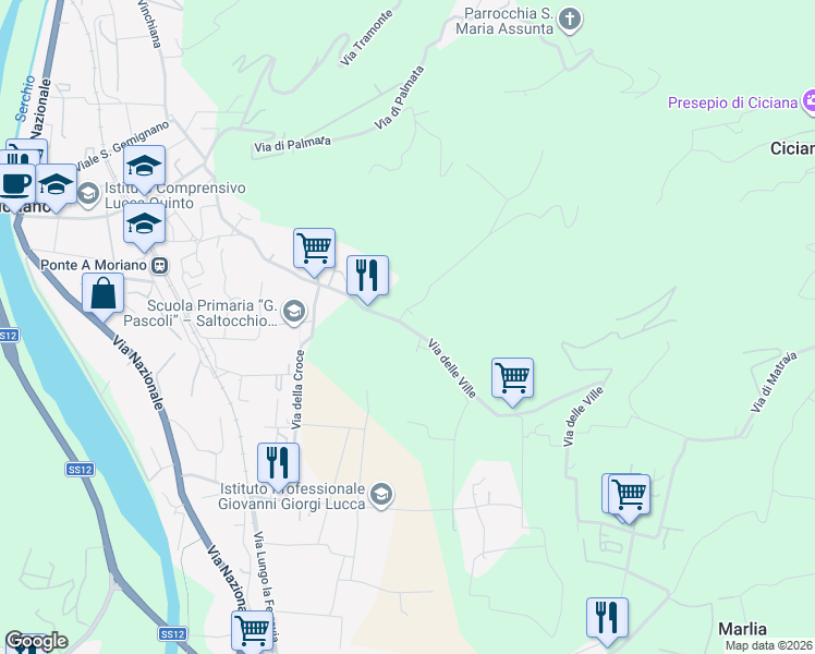 map of restaurants, bars, coffee shops, grocery stores, and more near 34 Via di Casa Cimi in Lucca