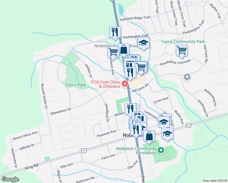 map of restaurants, bars, coffee shops, grocery stores, and more near 17 Chamberlain Court in Nobleton