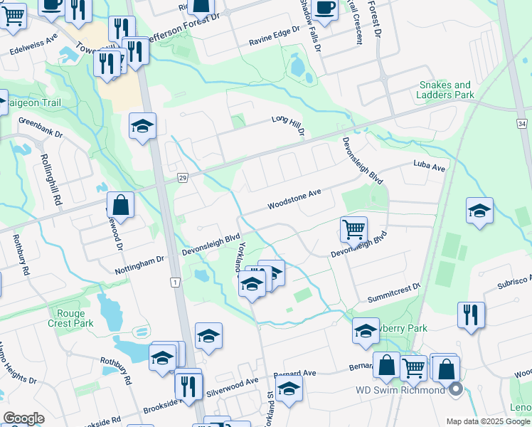 map of restaurants, bars, coffee shops, grocery stores, and more near 33 Woodstone Avenue in Richmond Hill