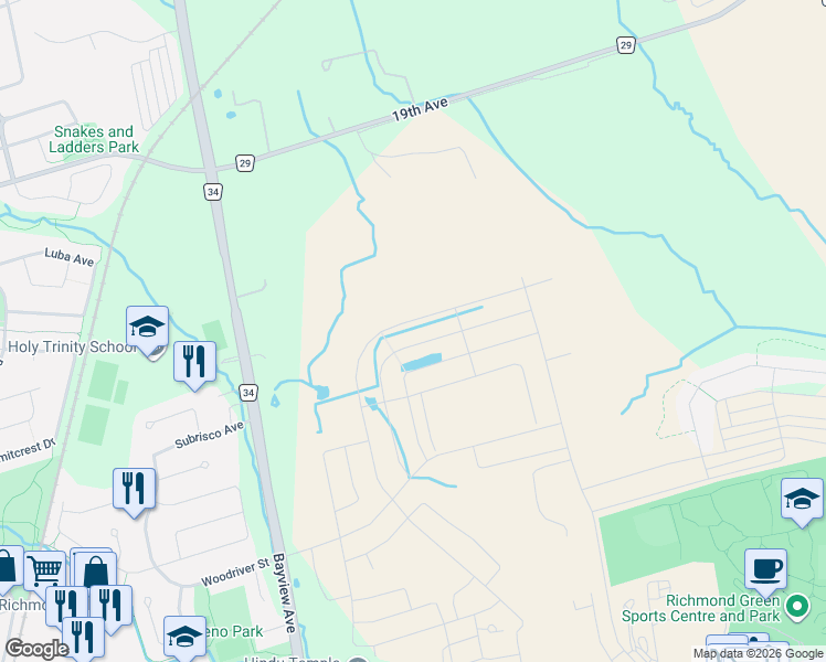 map of restaurants, bars, coffee shops, grocery stores, and more near 135 Prairie Rose Drive in Richmond Hill