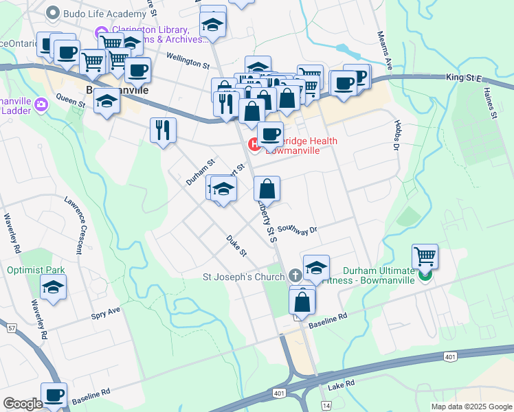 map of restaurants, bars, coffee shops, grocery stores, and more near 76 Liberty Street South in Bowmanville