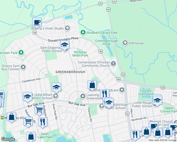 map of restaurants, bars, coffee shops, grocery stores, and more near in Markham