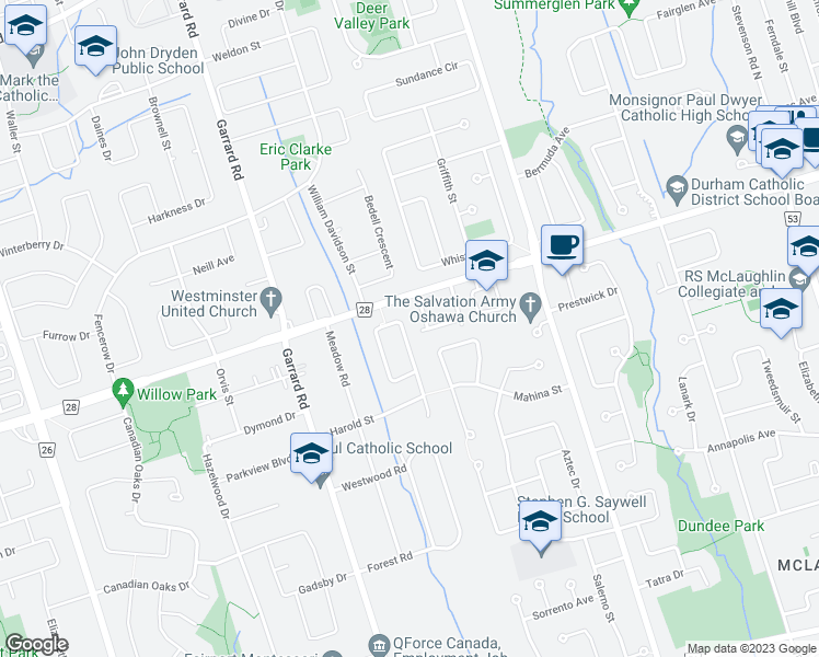map of restaurants, bars, coffee shops, grocery stores, and more near 29 Inglewood Place in Whitby