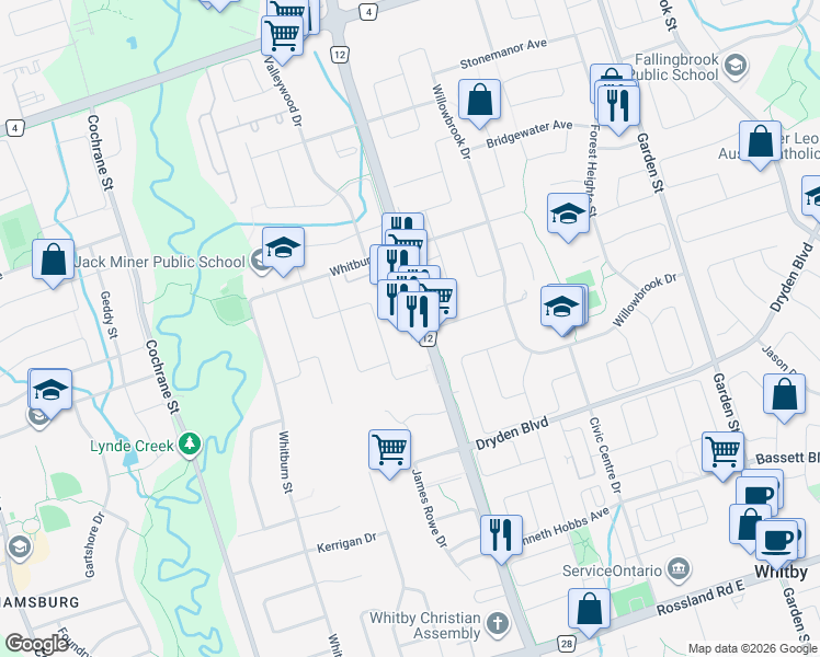 map of restaurants, bars, coffee shops, grocery stores, and more near 3500 Brock Street North in Whitby