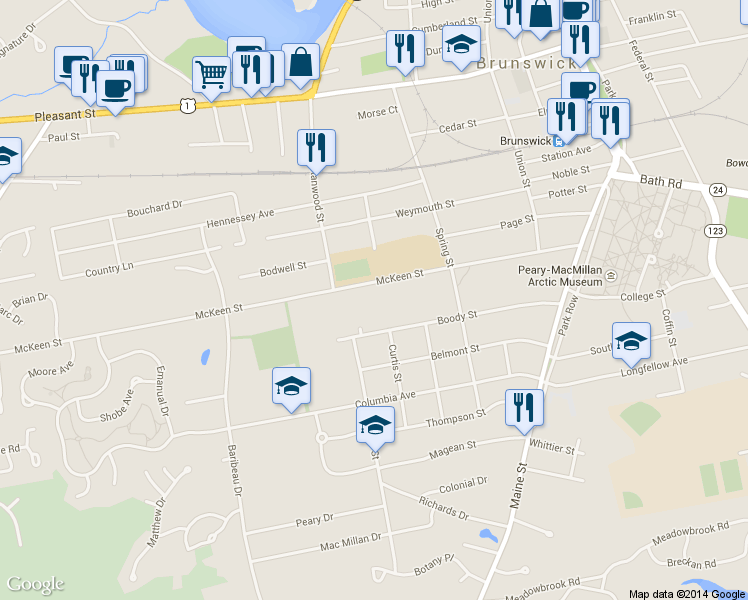 map of restaurants, bars, coffee shops, grocery stores, and more near 61 McKeen Street in Brunswick