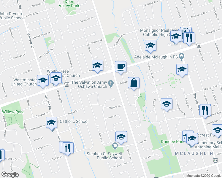map of restaurants, bars, coffee shops, grocery stores, and more near 570 Thornton Road North in Oshawa